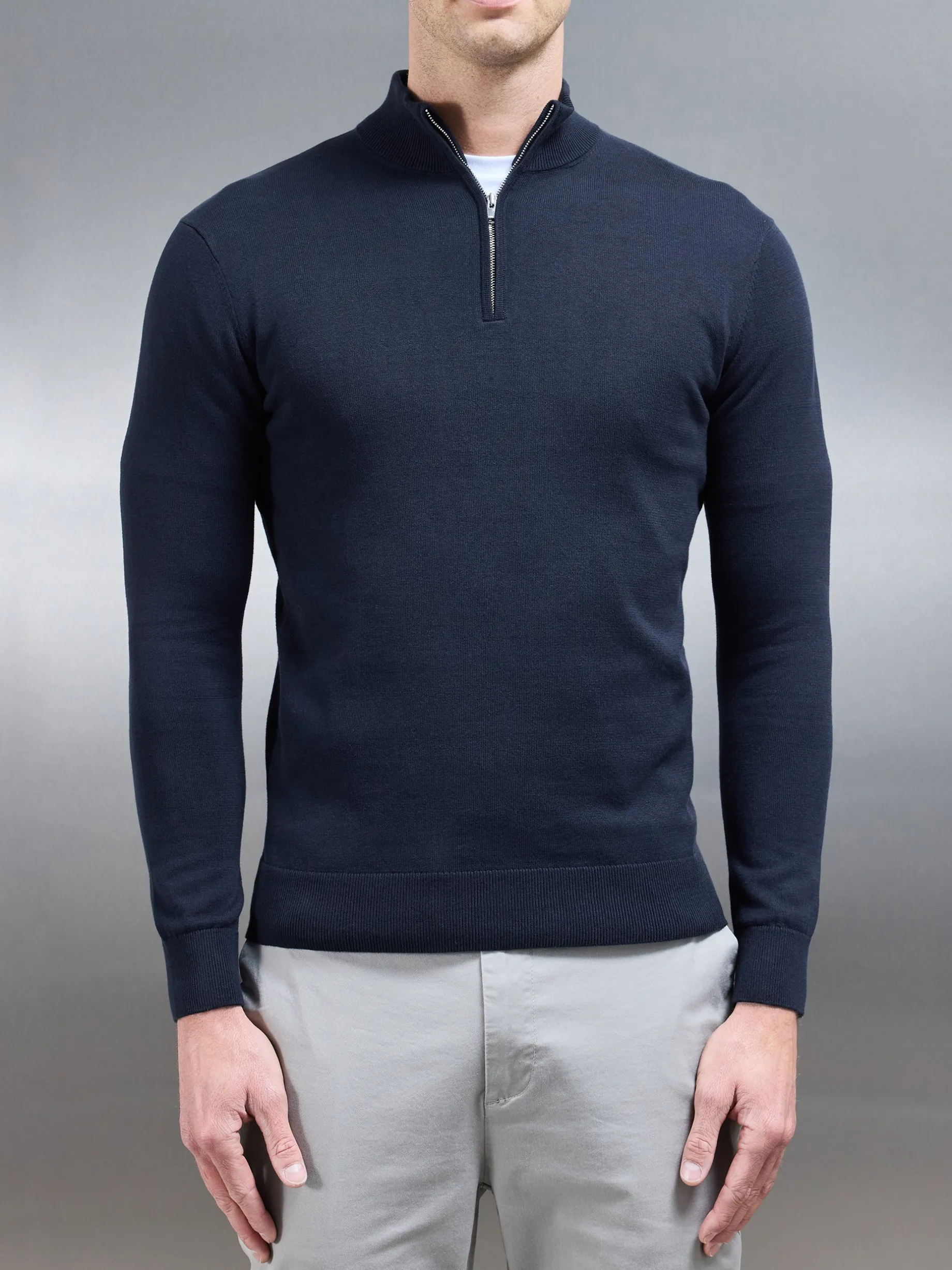 Cotton Knitted Half Zip Funnel Neck Jumper - Navy