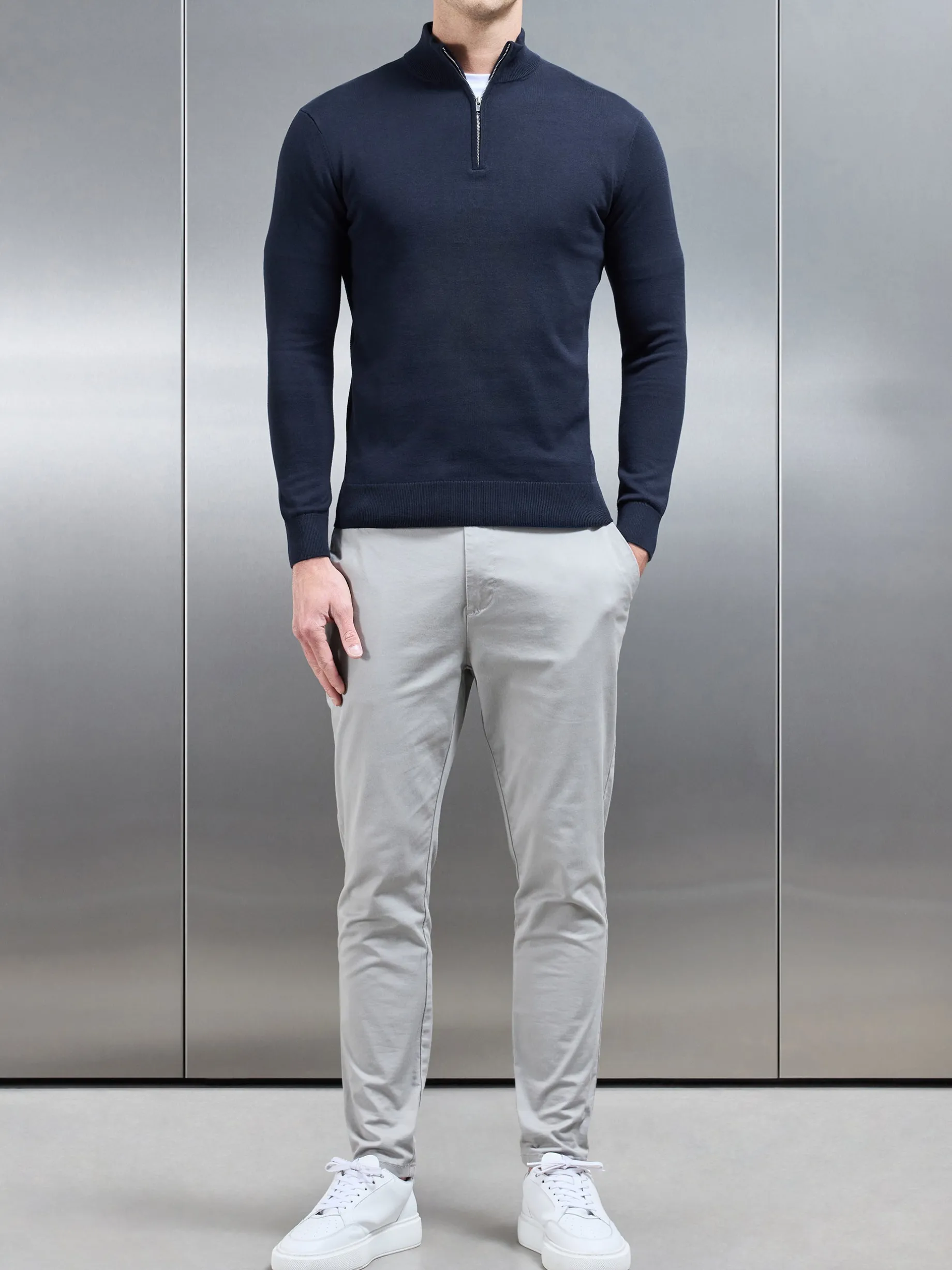 Cotton Knitted Half Zip Funnel Neck Jumper - Navy