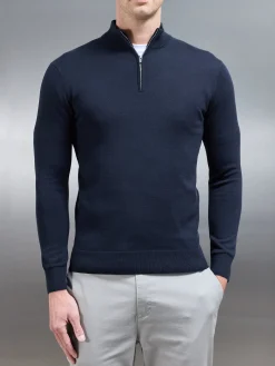 Cotton Knitted Half Zip Funnel Neck Jumper - Navy