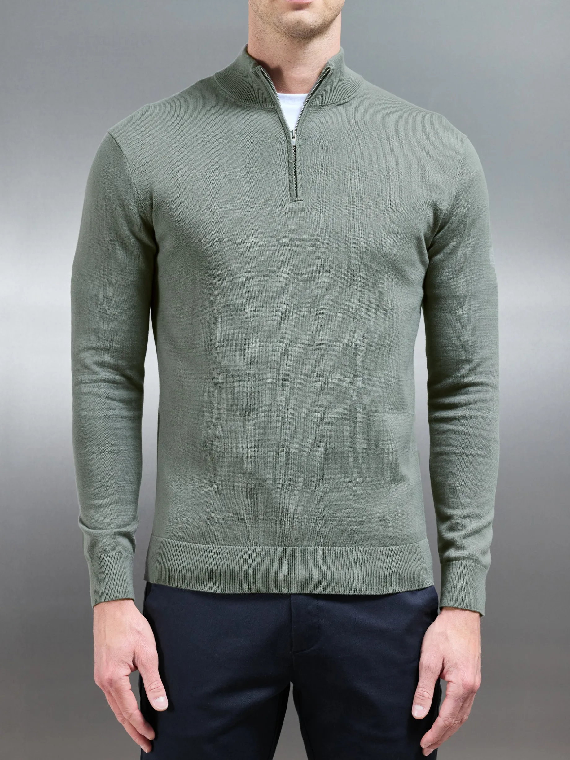 Cotton Knitted Half Zip Funnel Neck Jumper - Sage