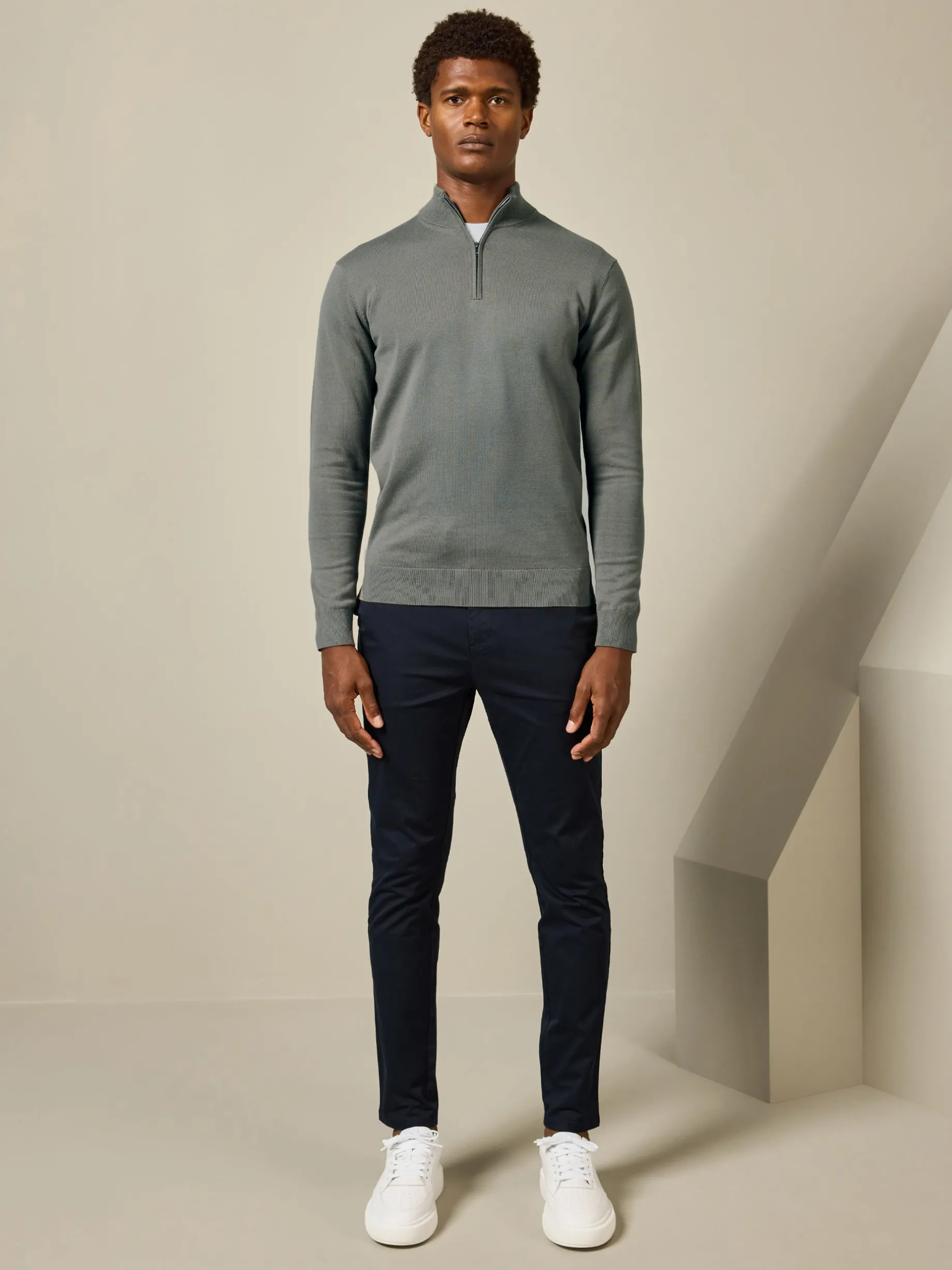 Cotton Knitted Half Zip Funnel Neck Jumper - Sage