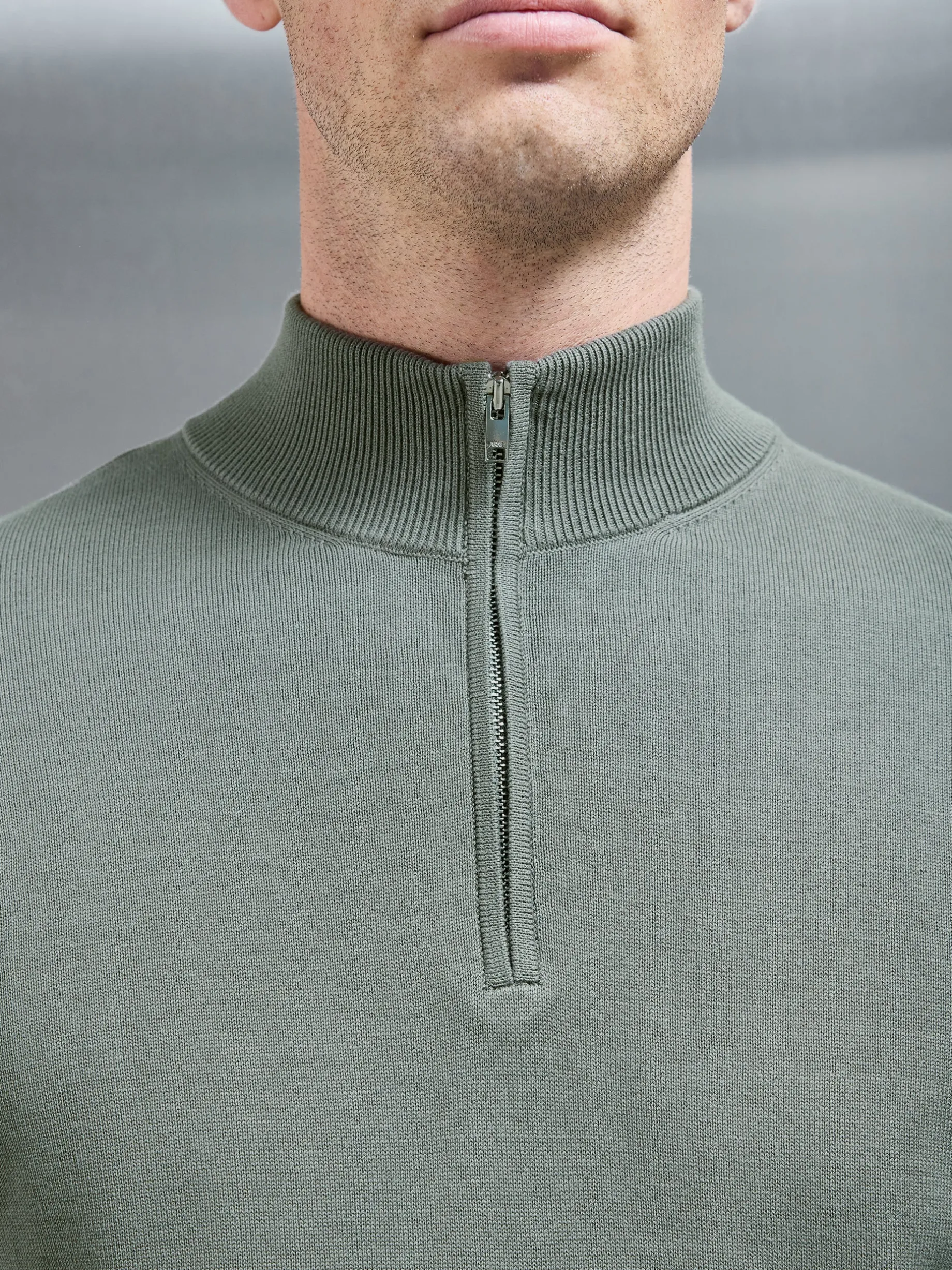 Cotton Knitted Half Zip Funnel Neck Jumper - Sage