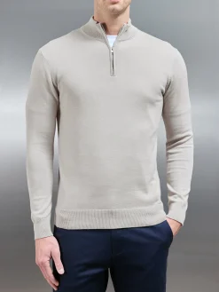 Cotton Knitted Half Zip Funnel Neck Jumper - Stone