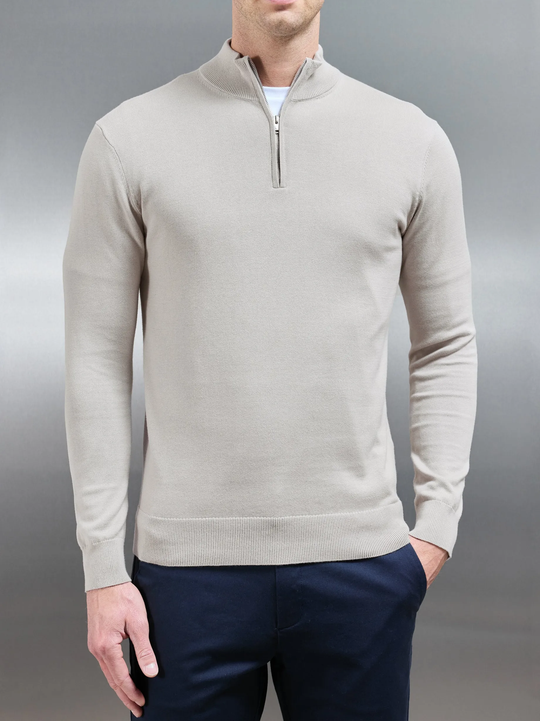 Cotton Knitted Half Zip Funnel Neck Jumper - Stone