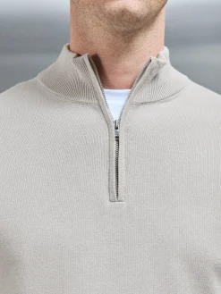Cotton Knitted Half Zip Funnel Neck Jumper - Stone