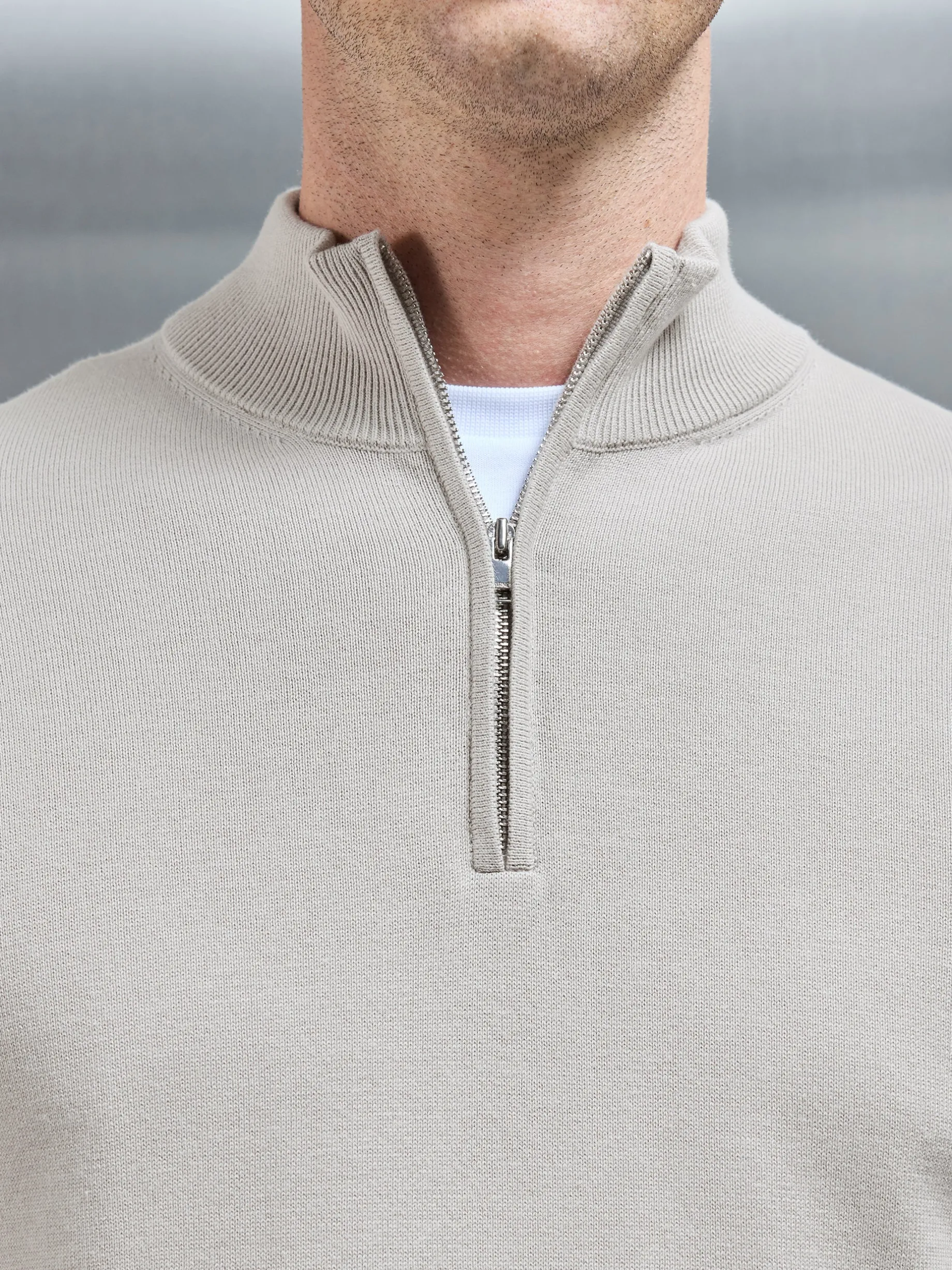 Cotton Knitted Half Zip Funnel Neck Jumper - Stone
