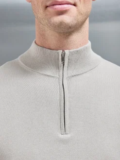 Cotton Knitted Half Zip Funnel Neck Jumper - Stone