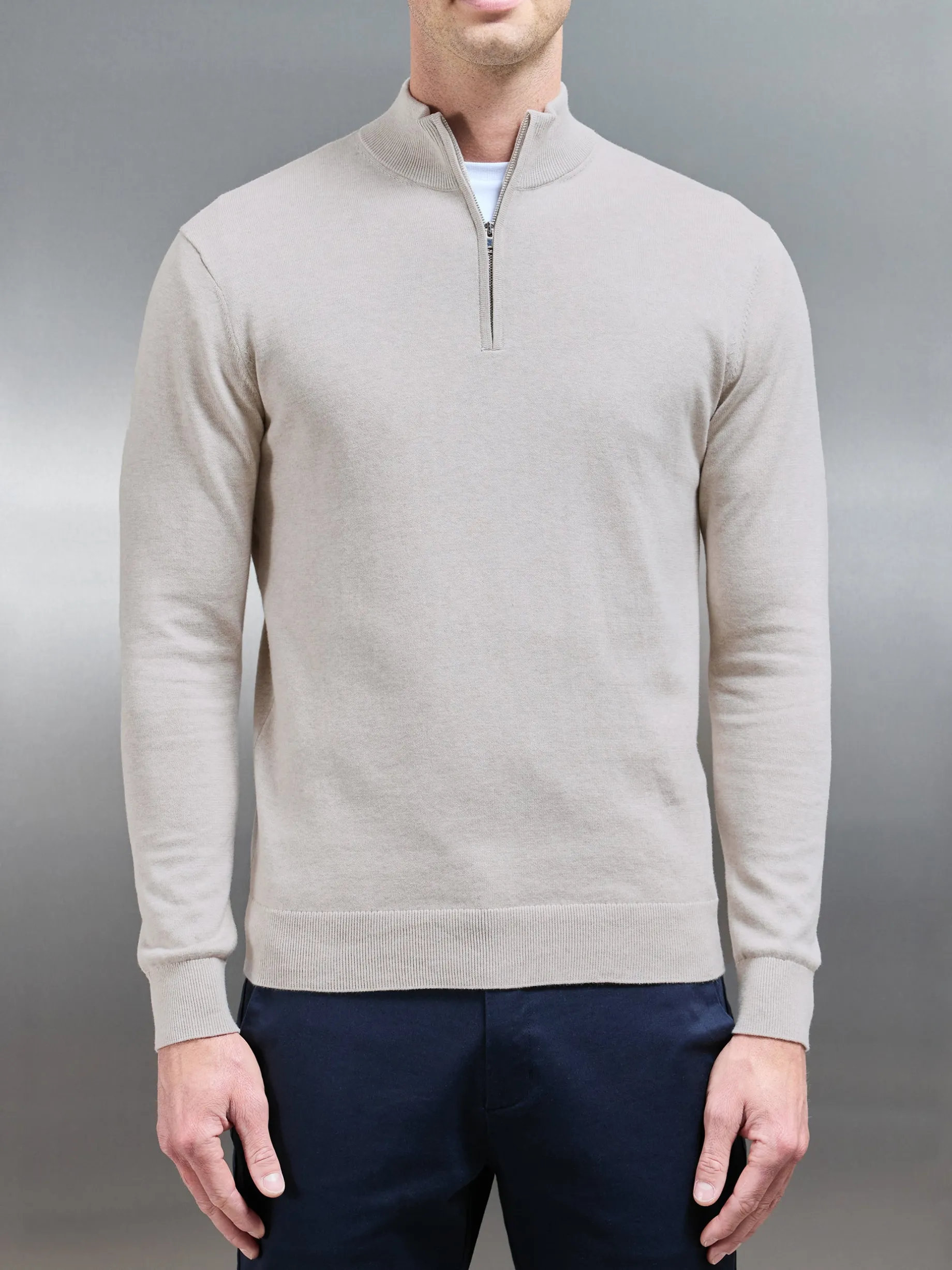 Cotton Knitted Half Zip Funnel Neck Jumper - Oatmeal