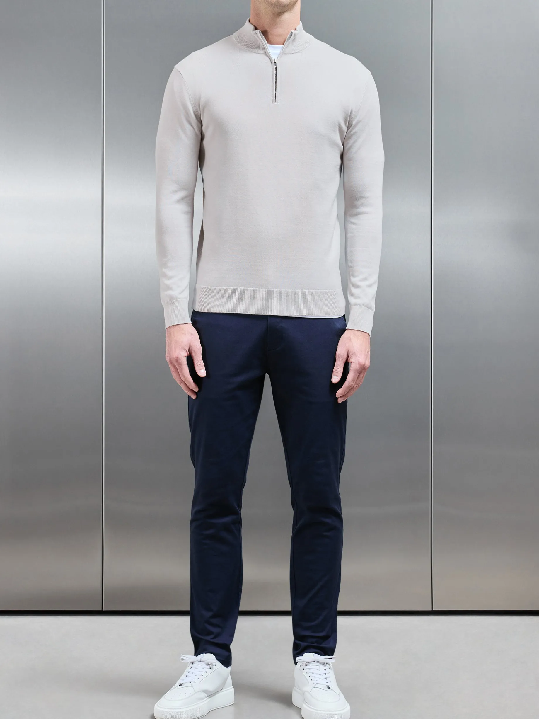 Cotton Knitted Half Zip Funnel Neck Jumper - Mid Grey