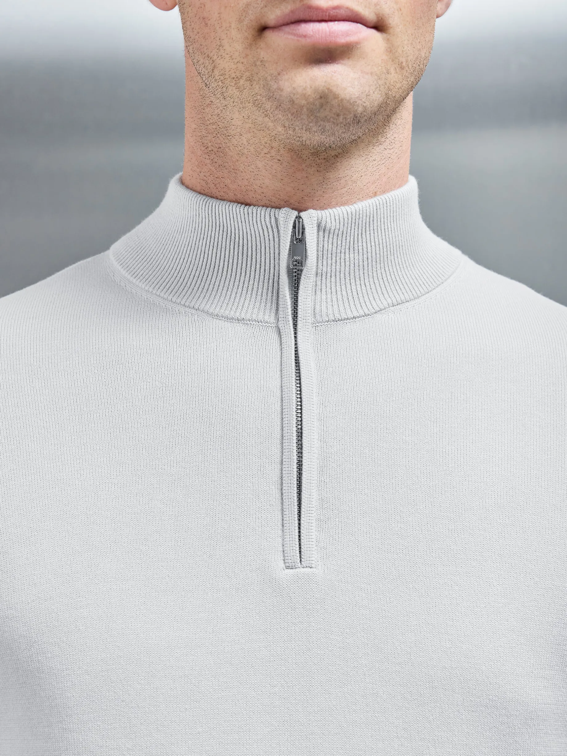 Cotton Knitted Half Zip Funnel Neck Jumper - Mid Grey