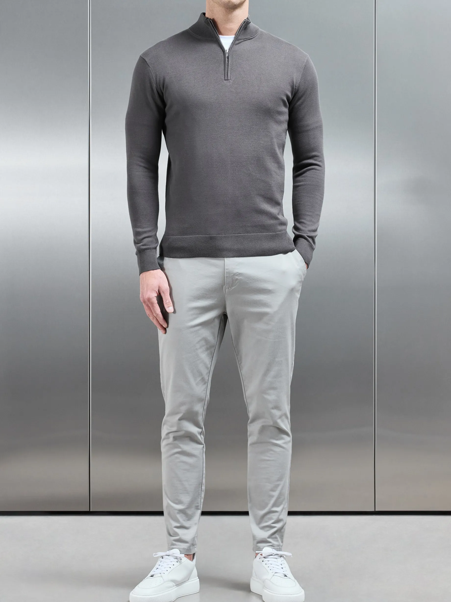 Cotton Knitted Half Zip Funnel Neck Jumper - Charcoal