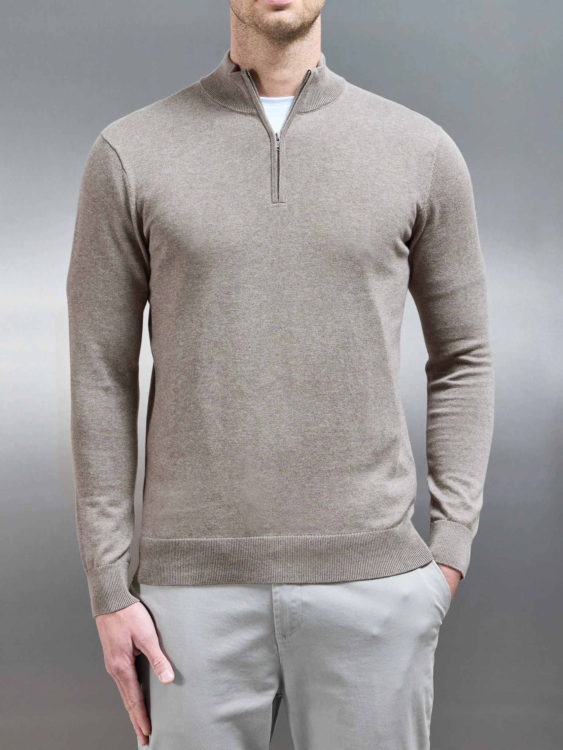 Cotton Knitted Half Zip Funnel Neck Jumper - Taupe Marl