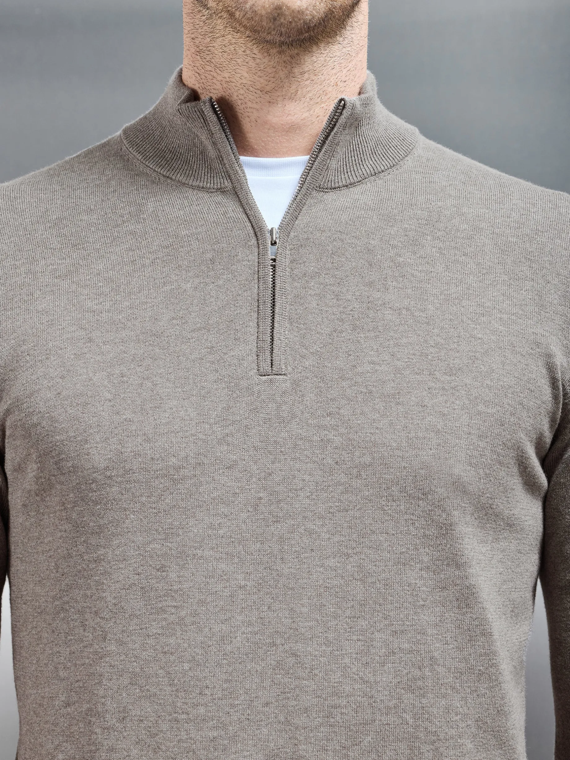 Cotton Knitted Half Zip Funnel Neck Jumper - Taupe Marl