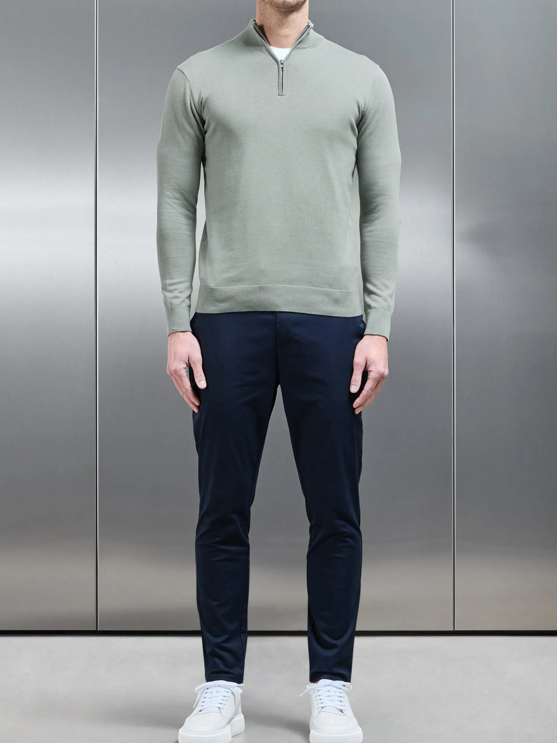 Cotton Knitted Half Zip Funnel Neck Jumper - Light Sage