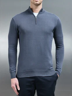 Cotton Knitted Half Zip Funnel Neck Jumper - Slate Blue