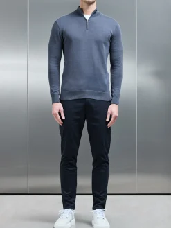 Cotton Knitted Half Zip Funnel Neck Jumper - Slate Blue