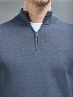 Cotton Knitted Half Zip Funnel Neck Jumper - Slate Blue