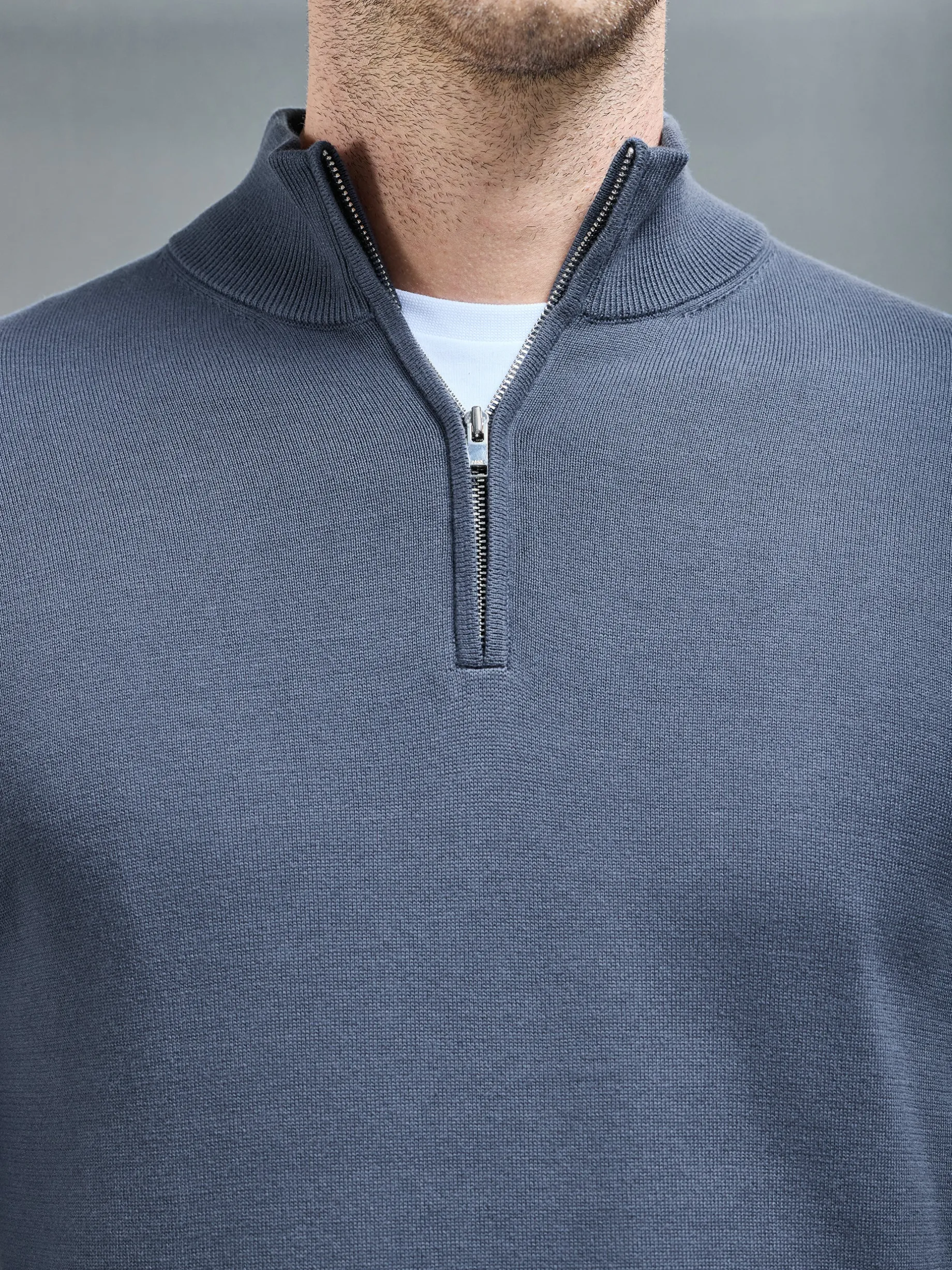 Cotton Knitted Half Zip Funnel Neck Jumper - Slate Blue