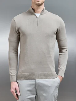 Cotton Knitted Half Zip Funnel Neck Jumper - Taupe