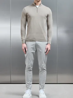 Cotton Knitted Half Zip Funnel Neck Jumper - Taupe