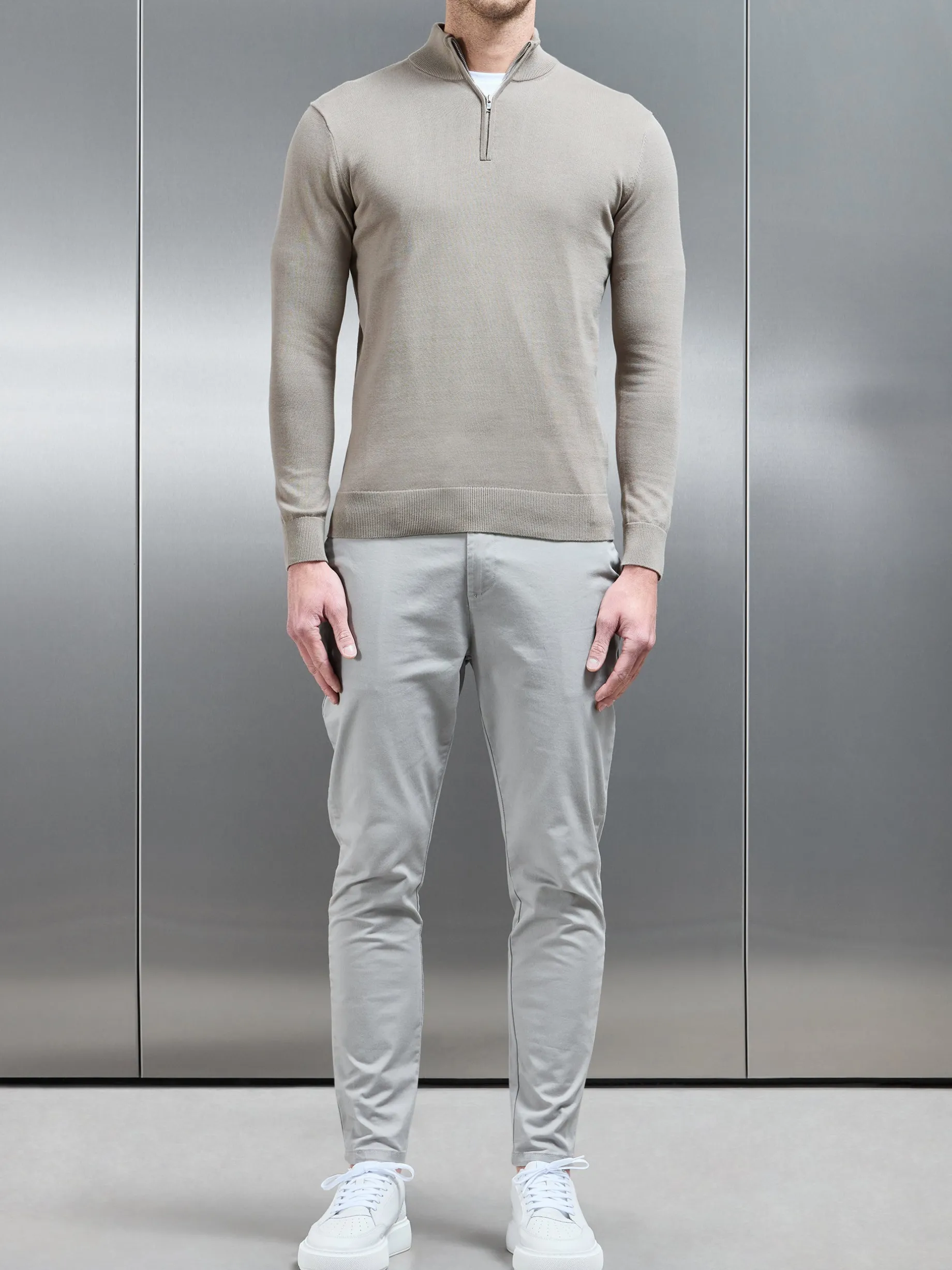 Cotton Knitted Half Zip Funnel Neck Jumper - Taupe