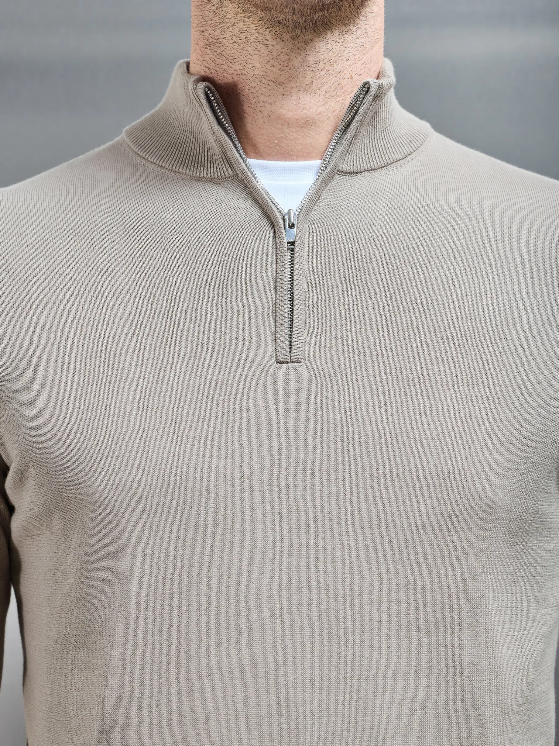 Cotton Knitted Half Zip Funnel Neck Jumper - Taupe