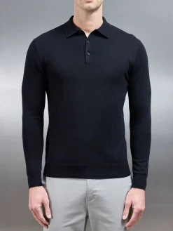 Cotton Knitted Long Sleeve Button Polo Shirt - Black