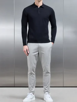 Cotton Knitted Long Sleeve Button Polo Shirt - Black