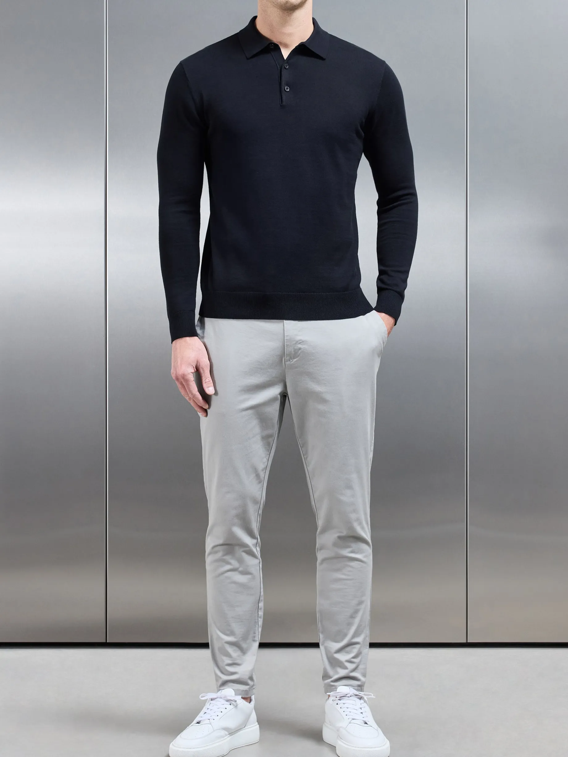Cotton Knitted Long Sleeve Button Polo Shirt - Black