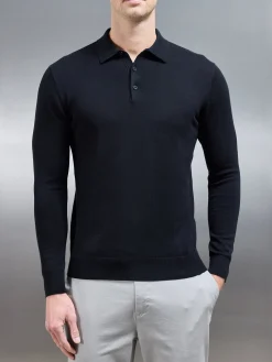 Cotton Knitted Long Sleeve Button Polo Shirt - Black