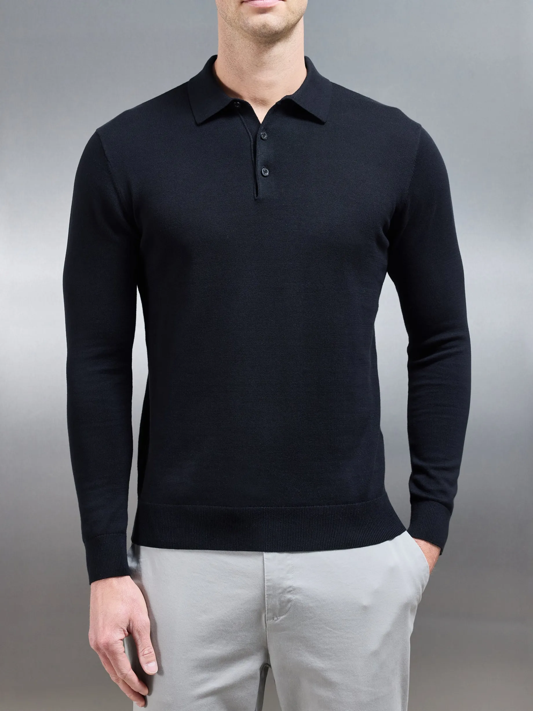 Cotton Knitted Long Sleeve Button Polo Shirt - Black