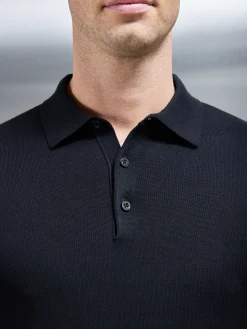 Cotton Knitted Long Sleeve Button Polo Shirt - Black
