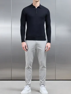 Cotton Knitted Long Sleeve Button Polo Shirt - Black