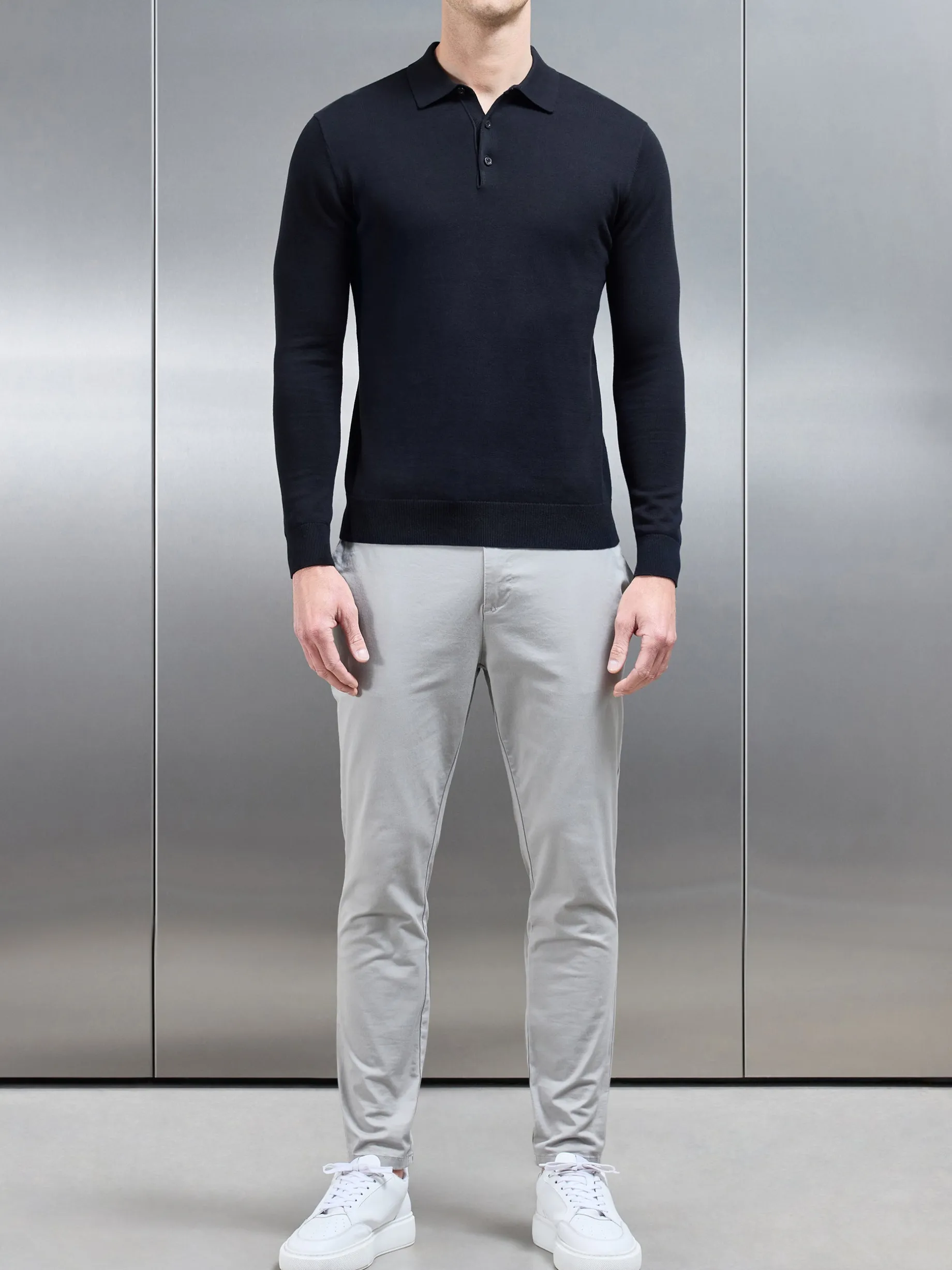 Cotton Knitted Long Sleeve Button Polo Shirt - Black