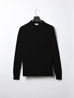 Cotton Knitted Long Sleeve Button Polo Shirt - Black