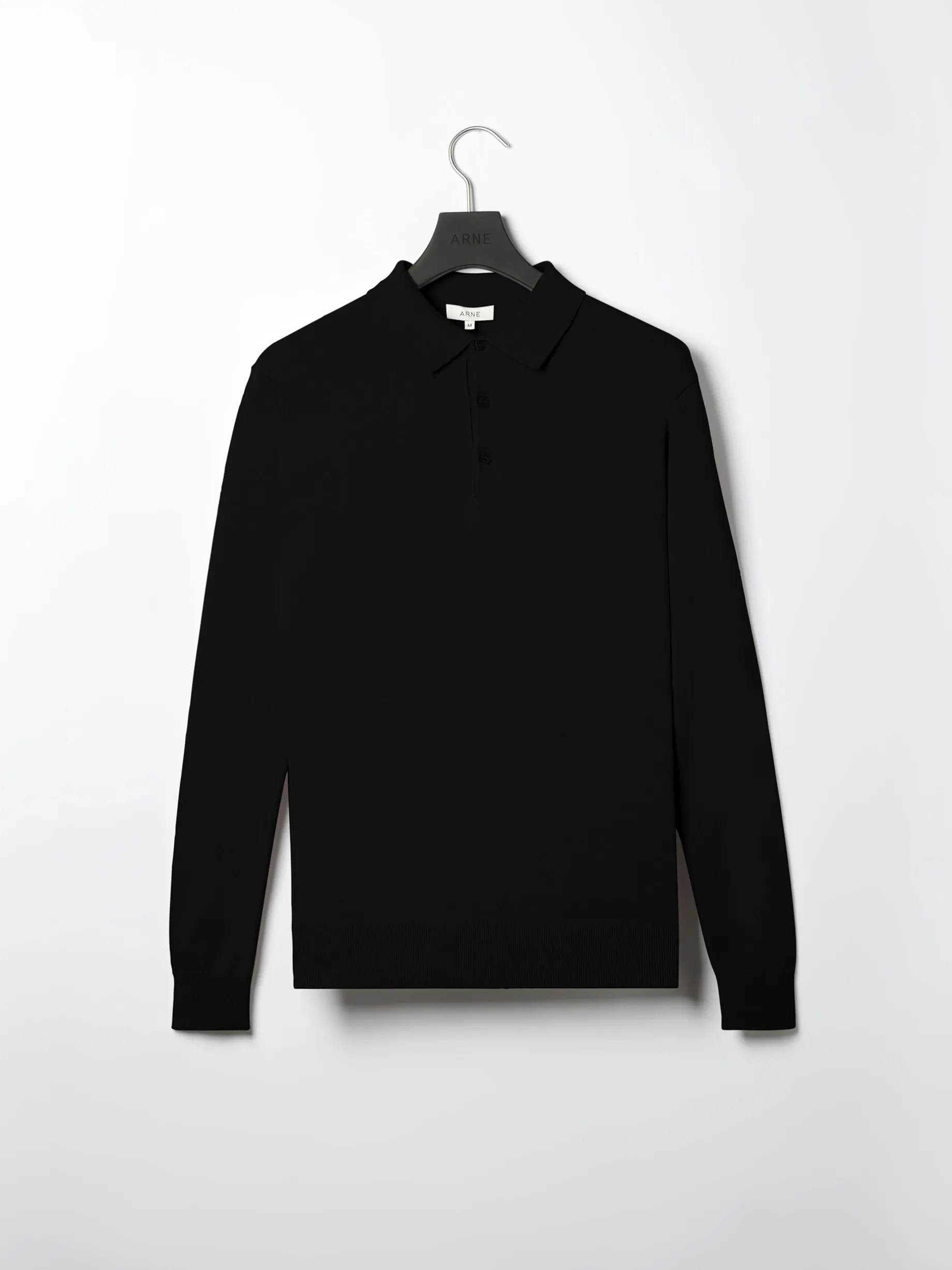 Cotton Knitted Long Sleeve Button Polo Shirt - Black