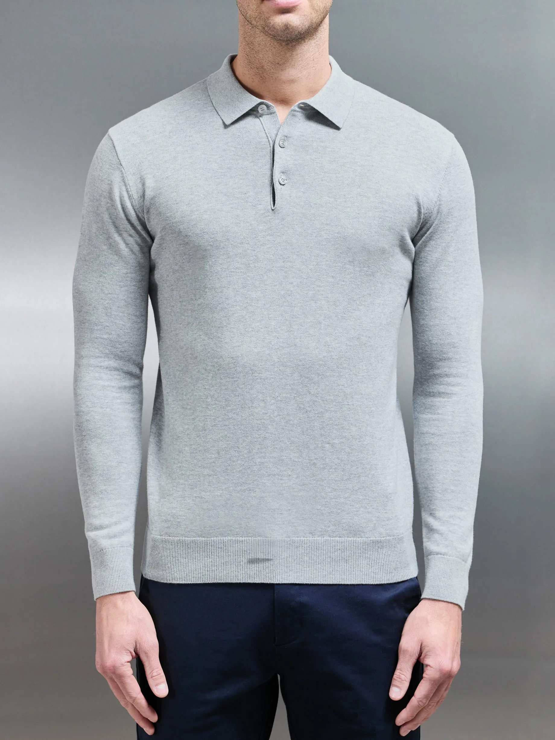 Cotton Knitted Long Sleeve Button Polo Shirt - Marl Grey