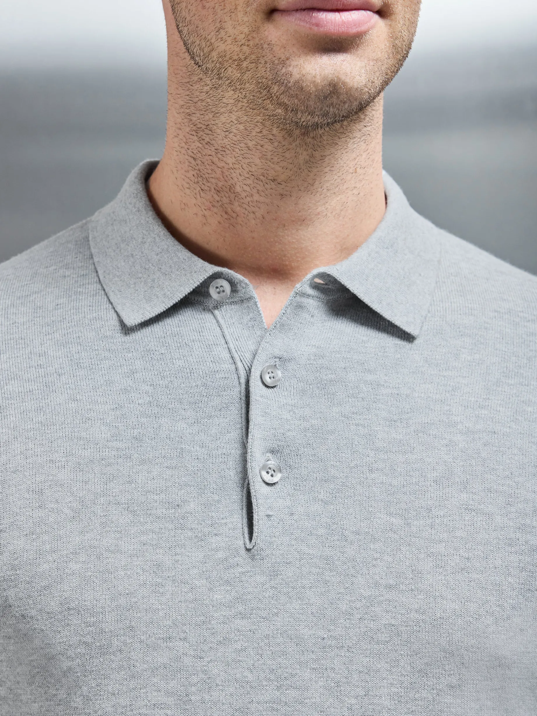 Cotton Knitted Long Sleeve Button Polo Shirt - Marl Grey