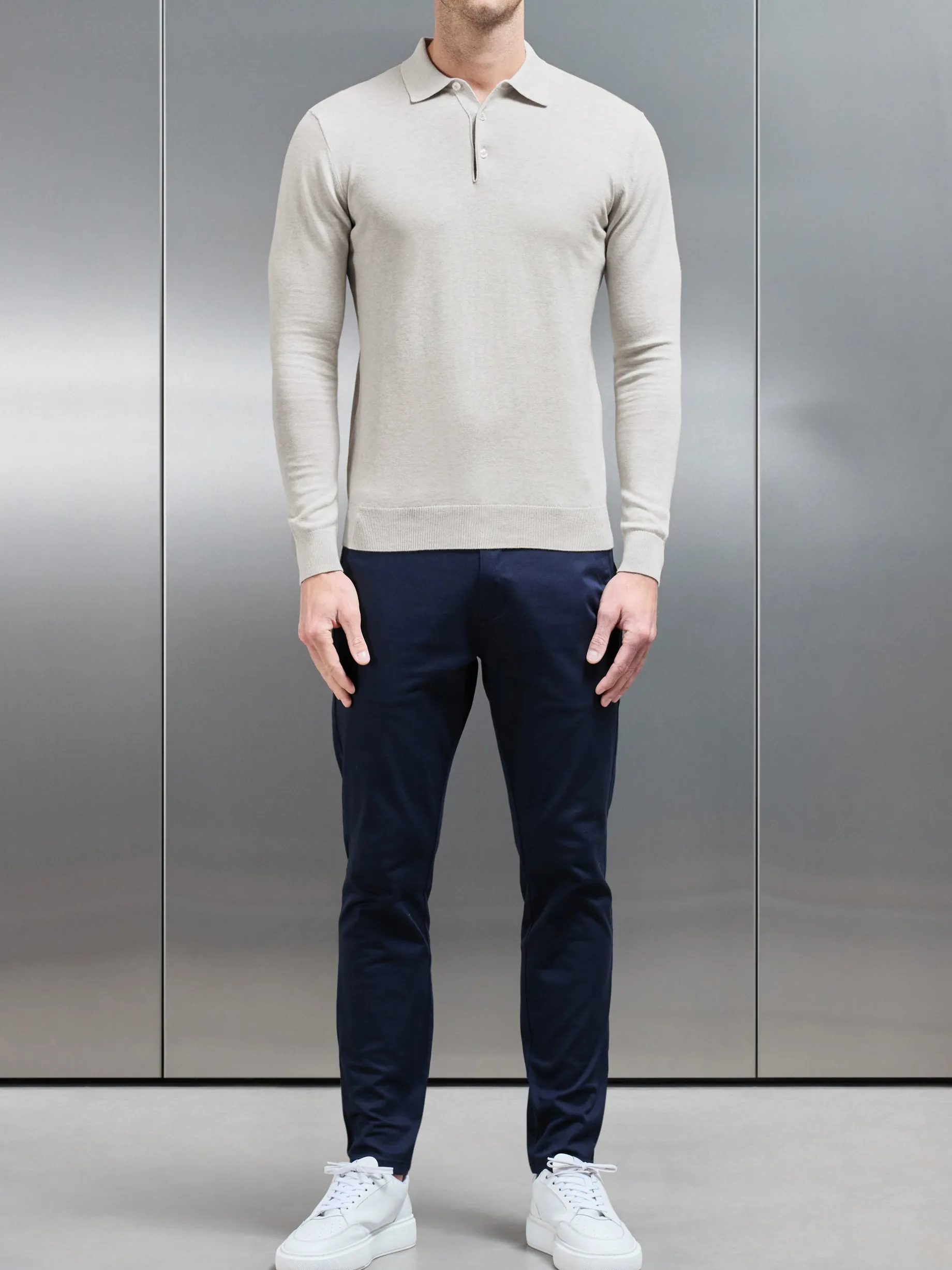 Cotton Knitted Long Sleeve Button Polo Shirt - Oatmeal