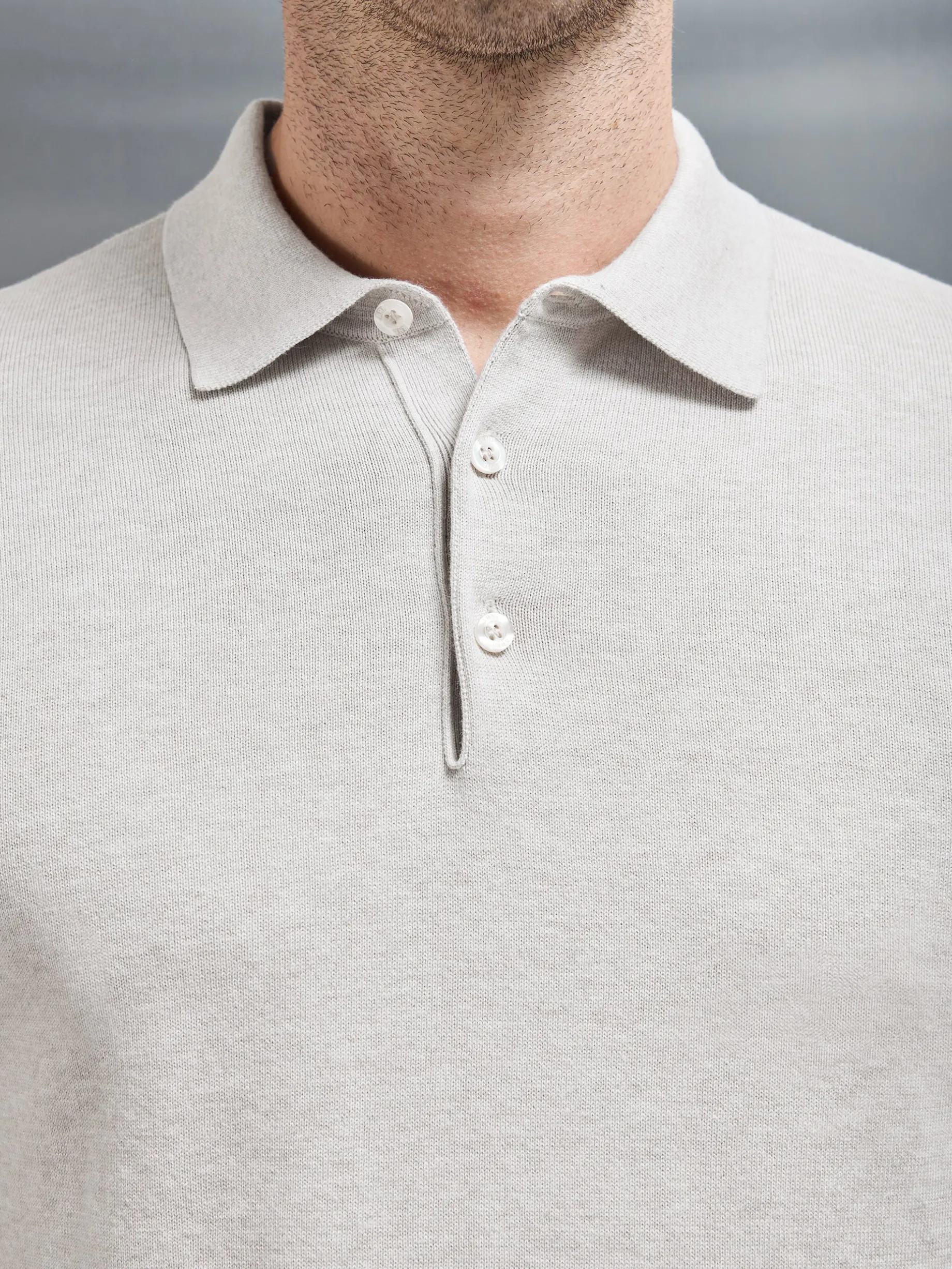 Cotton Knitted Long Sleeve Button Polo Shirt - Oatmeal
