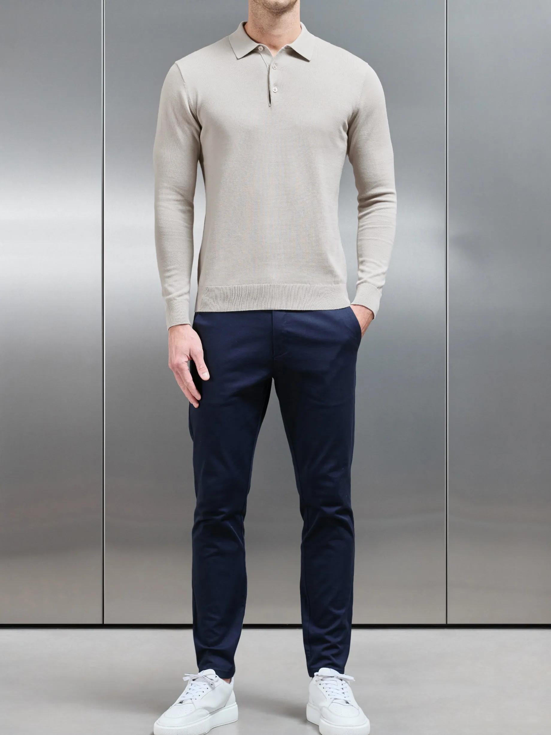 Cotton Knitted Long Sleeve Button Polo Shirt - Stone