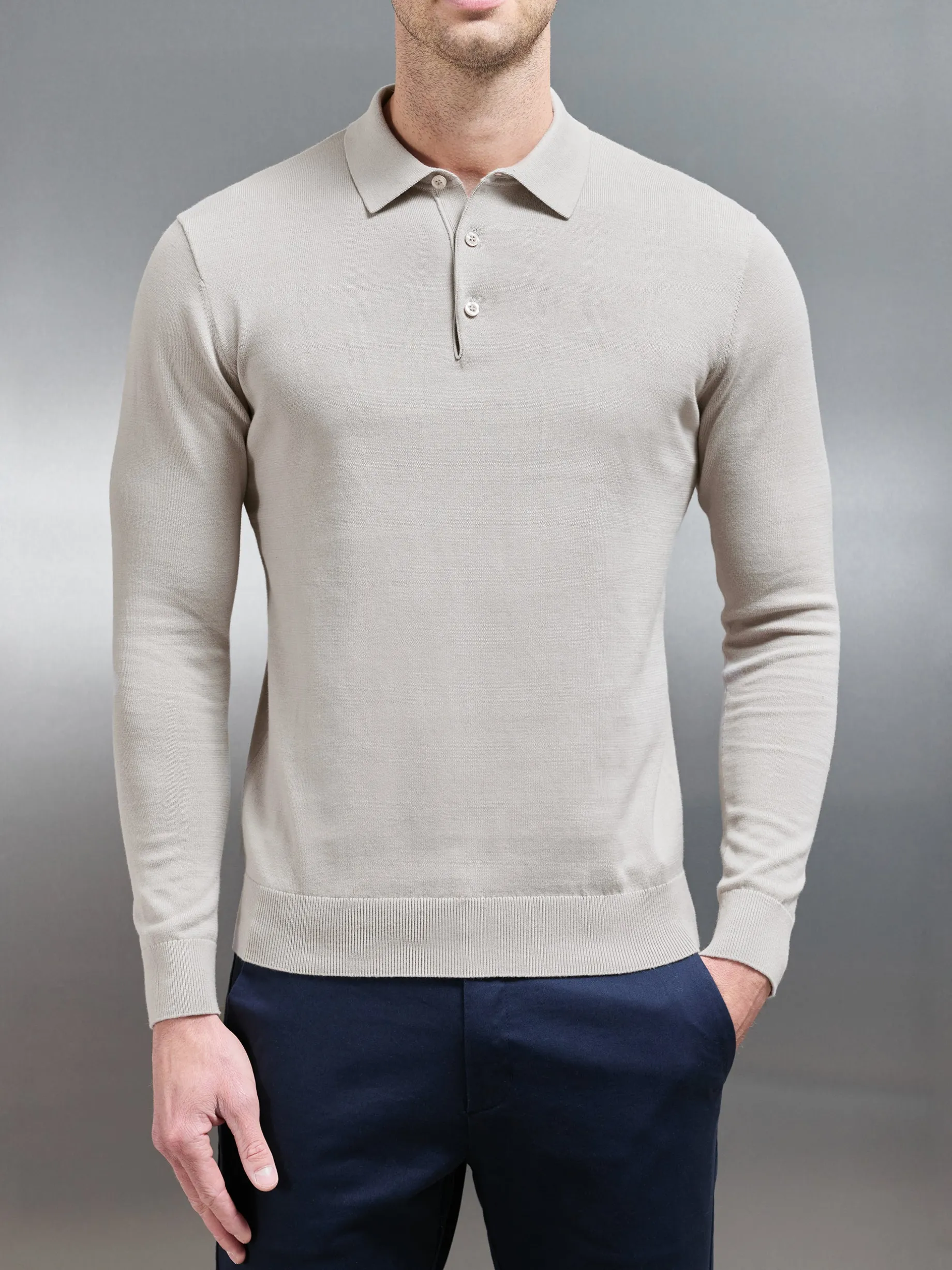 Cotton Knitted Long Sleeve Button Polo Shirt - Stone