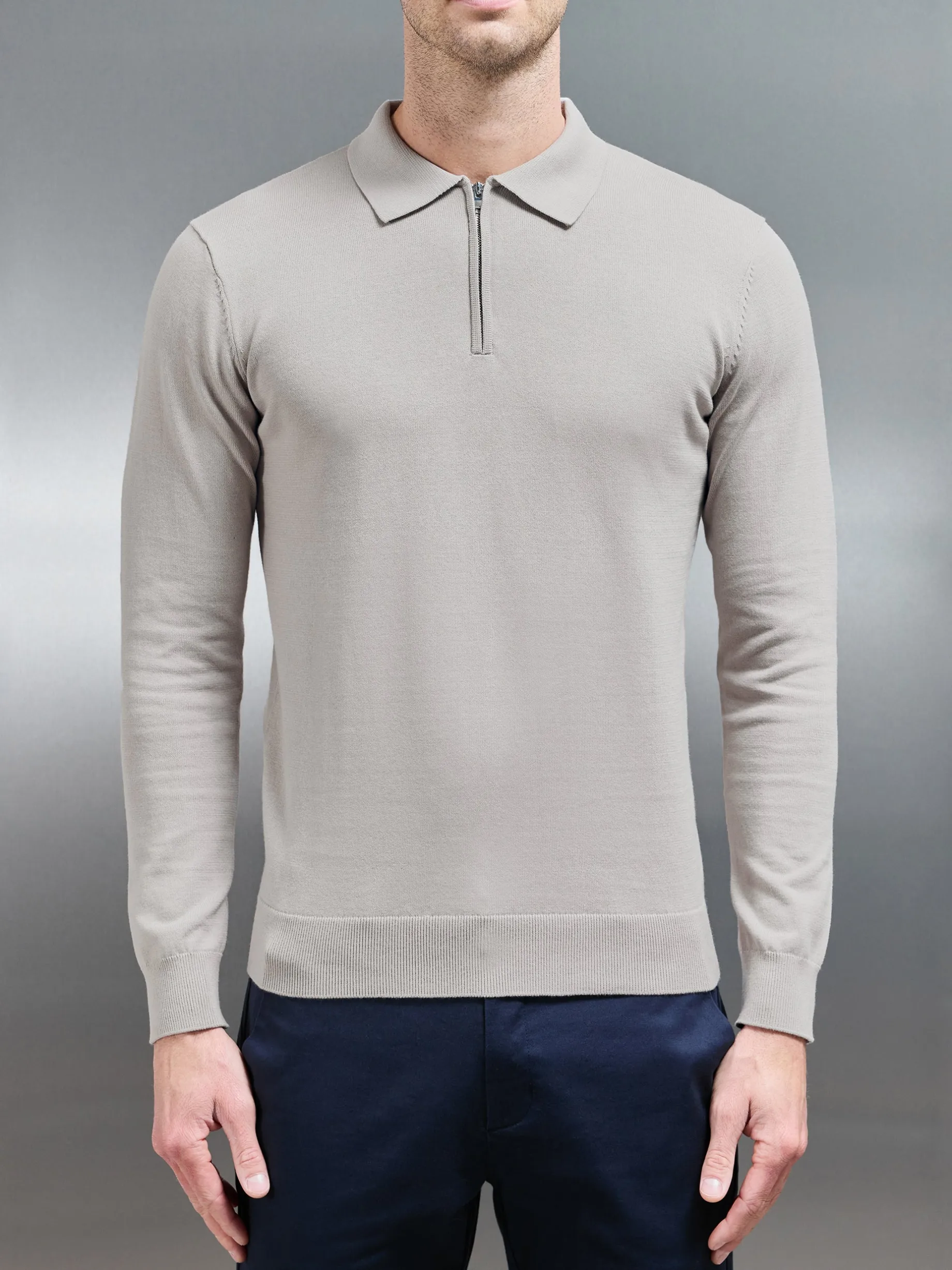 Cotton Knitted Long Sleeve Half Zip Polo Shirt - Stone