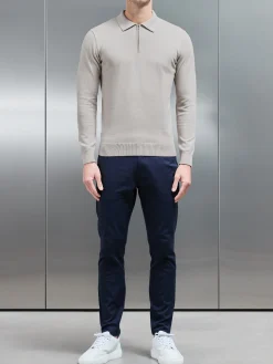 Cotton Knitted Long Sleeve Half Zip Polo Shirt - Stone