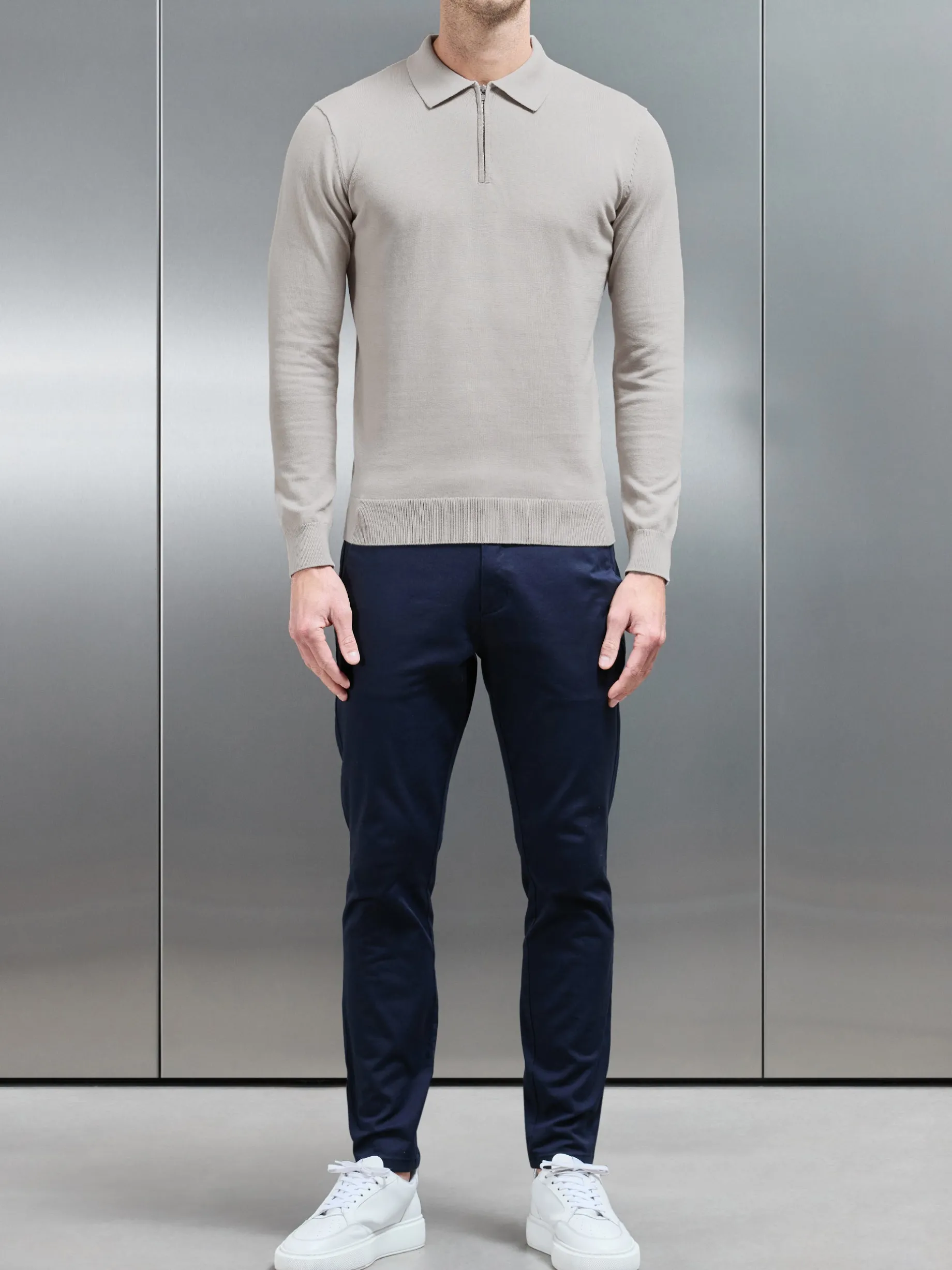 Cotton Knitted Long Sleeve Half Zip Polo Shirt - Stone