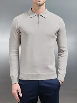 Cotton Knitted Long Sleeve Half Zip Polo Shirt - Stone