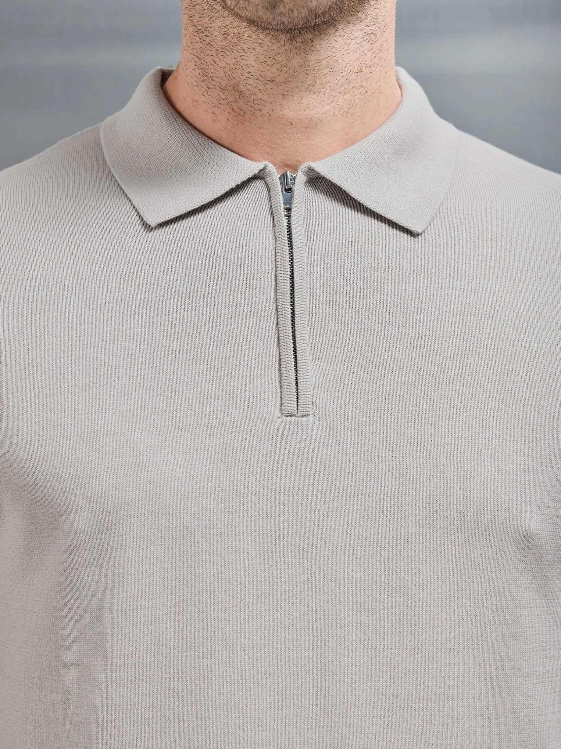 Cotton Knitted Long Sleeve Half Zip Polo Shirt - Stone