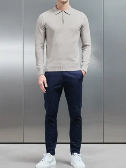 Cotton Knitted Long Sleeve Half Zip Polo Shirt - Stone