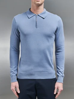 Cotton Knitted Long Sleeve Half Zip Polo Shirt - Silk Blue