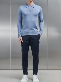 Cotton Knitted Long Sleeve Half Zip Polo Shirt - Silk Blue